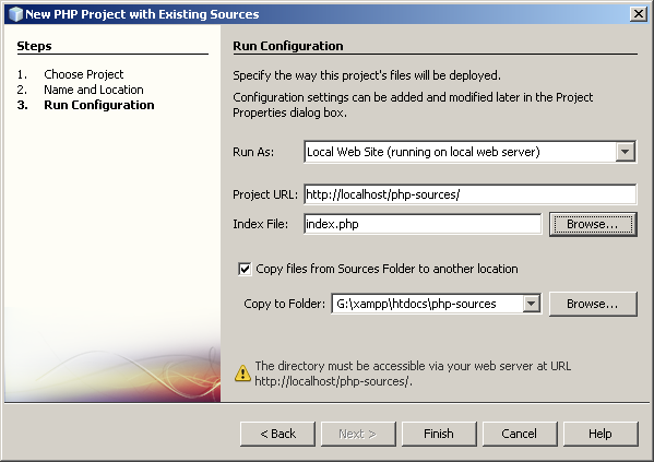 run configuration local server project with existing sources